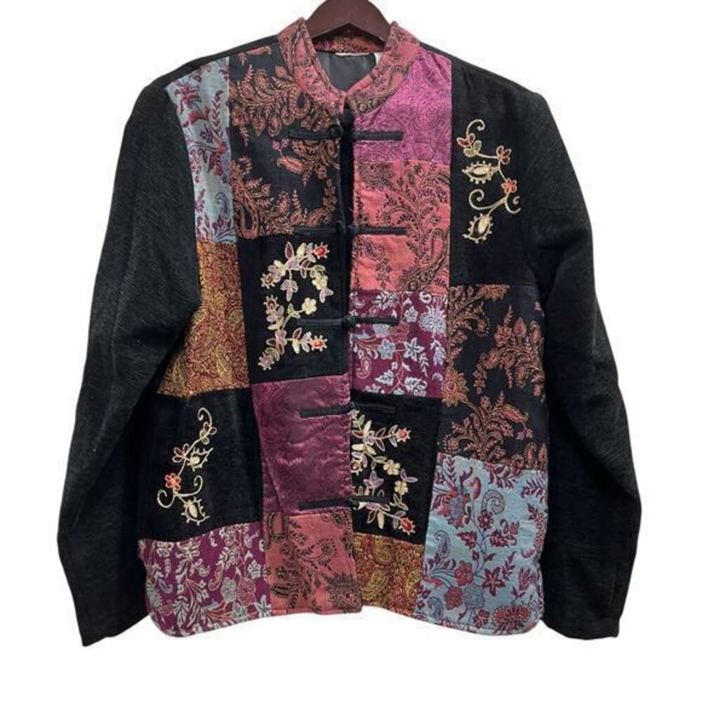 UNBRANDED Black tapestry chenille patchwork button up vintage pockets jacket sz